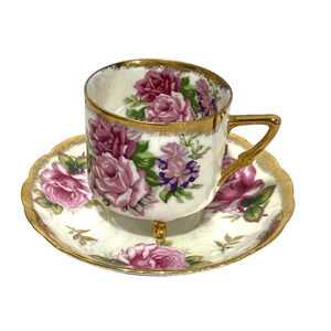 LM Royal Halsey Tea Cup & Saucer Set Iridescent Porcelain Pink Roses & Gold Trim